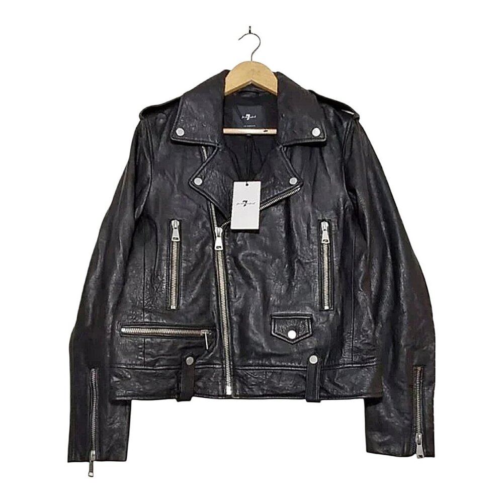 NWT 7 For All Mankind Asymmetrical Black Leather Moto Biker Jacket Edgy/Rocker L